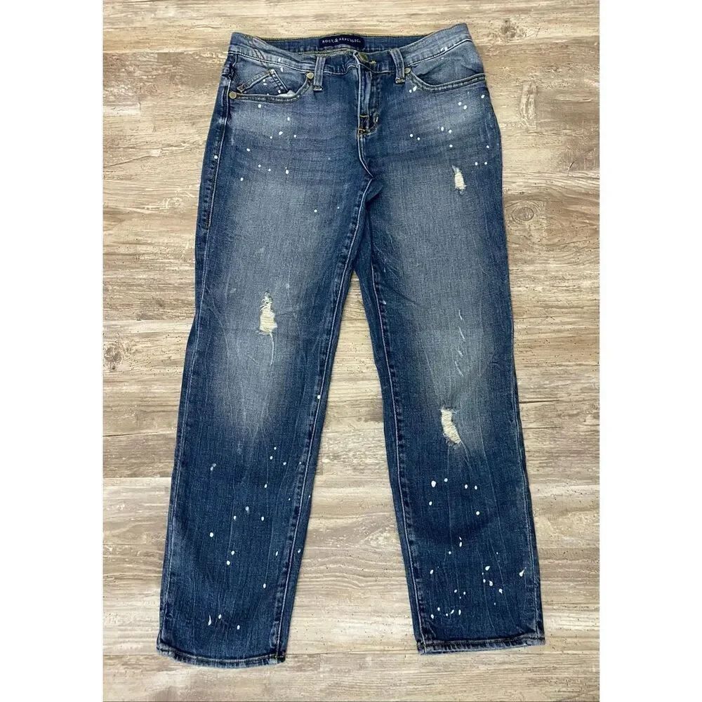 Rock & Republic INDEE Jeans Straight Leg Distressed Paint Splatter Women’s Sz 8M